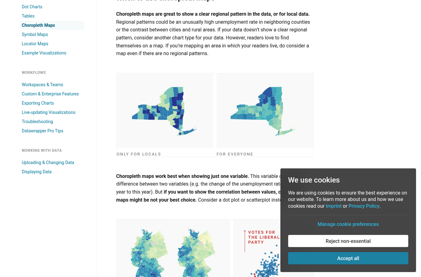 Screenshot of Datawrapper choropleth map guidance with map examples