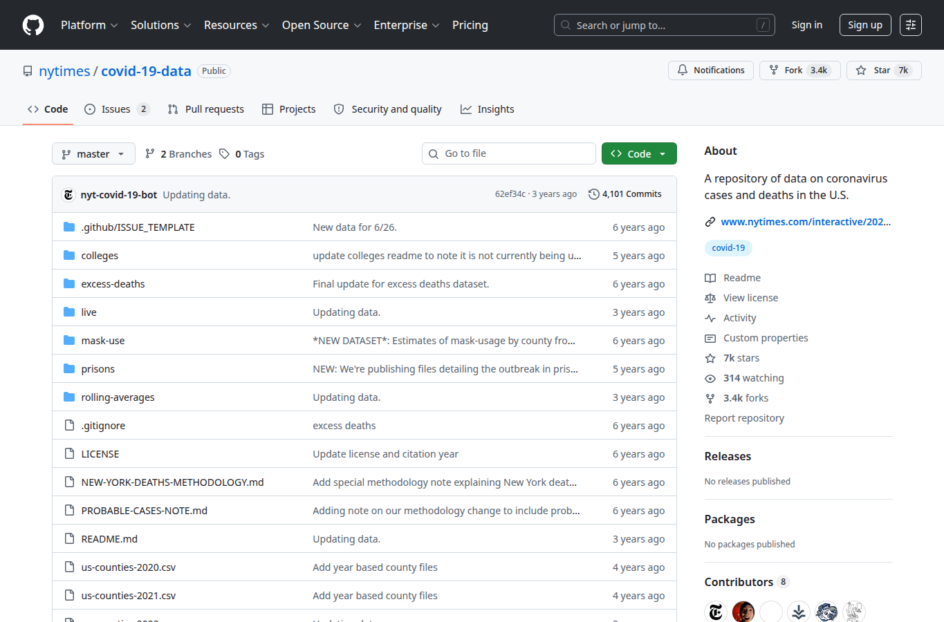 Screenshot of the NYT COVID-19 data repository