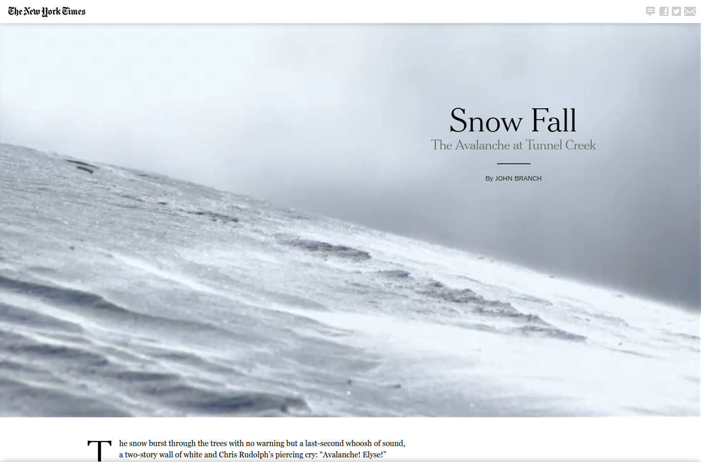 Screenshot of the Snow Fall scrollytelling project