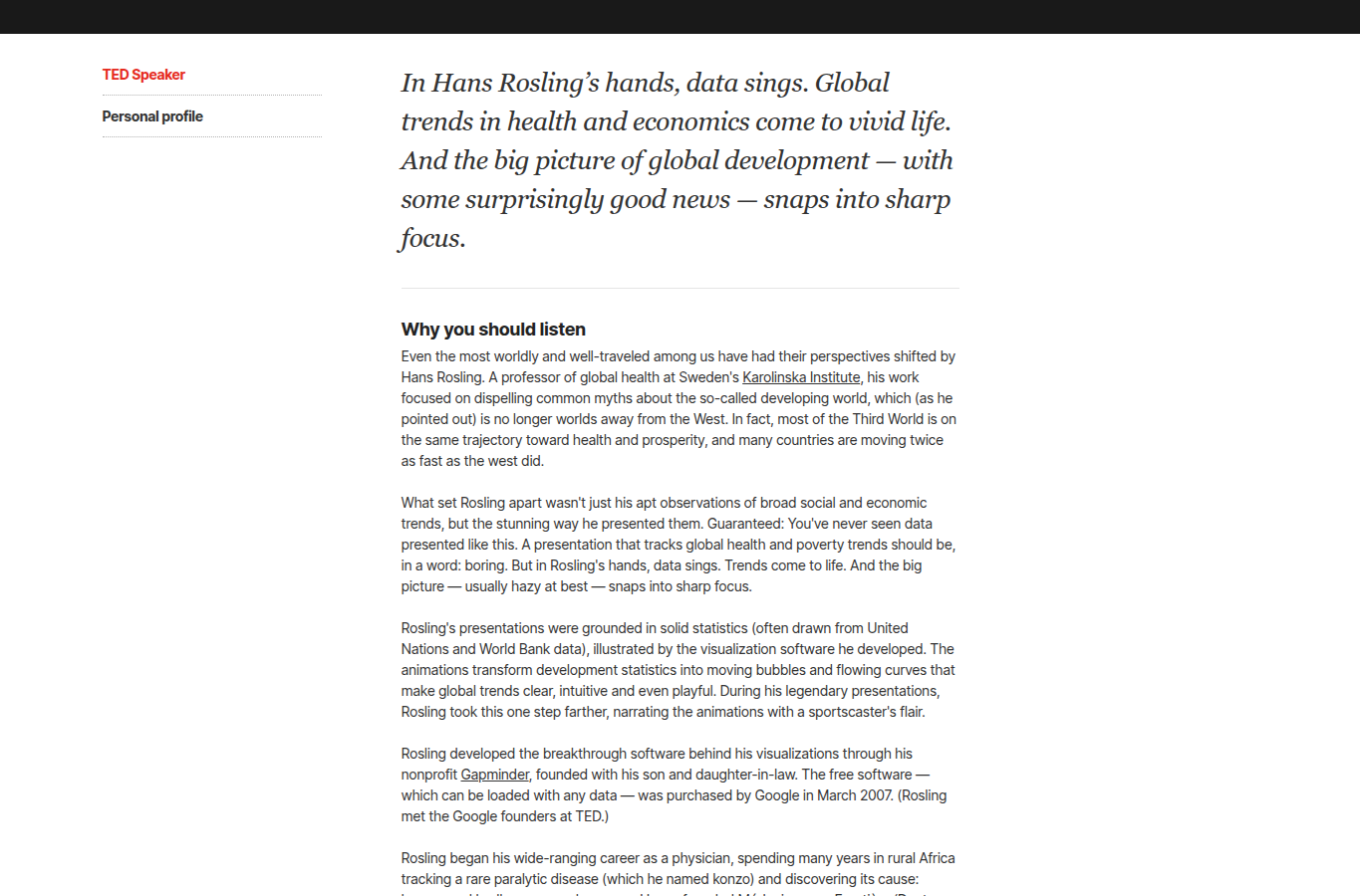 Screenshot of Hans Rosling's TED speaker page